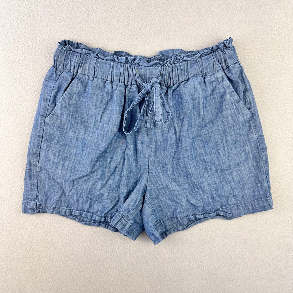 A‎ New Day Paperbag Waist Shorts Womens Small Blue Chambray Cotton Tie Front